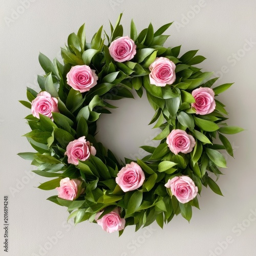 Roses and Leaves Create a Round Decoration Hung on a Wall in a Bright Room