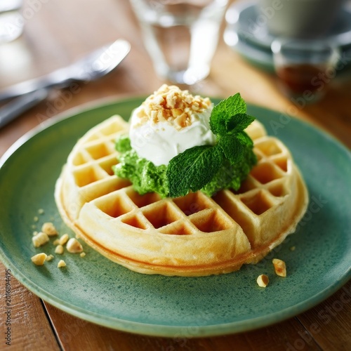 Waffles Topped With Green Sauce, Cream, and Nuts Served on a Simple Plate in ...