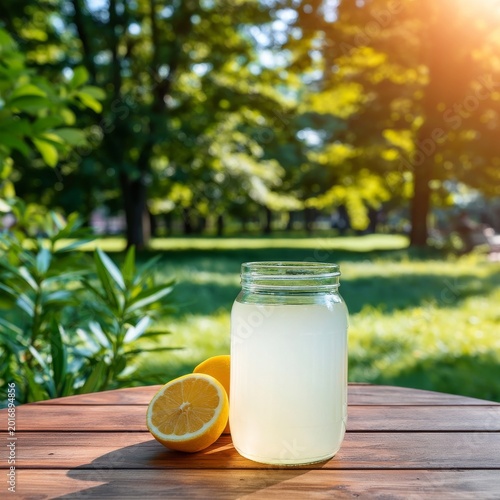 Fresh Lemonade in a Jar With Sliced Lemons on a Wooden Table in a Garden