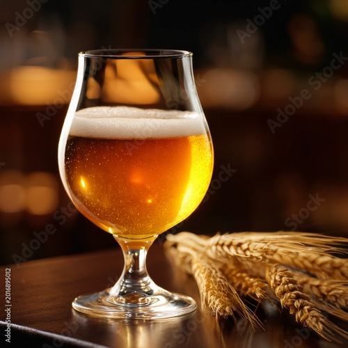 Enjoying a Cold Beer Beside Wheat on a Wooden Table During Afternoon Light