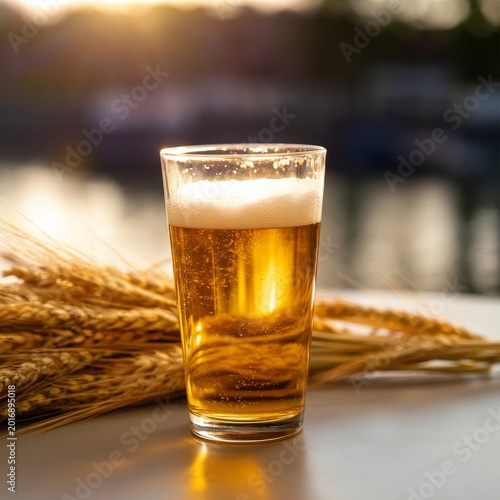 Craft Beer Glass With Foam Next to Wheat on Wooden Table in Bar Setting Durin...