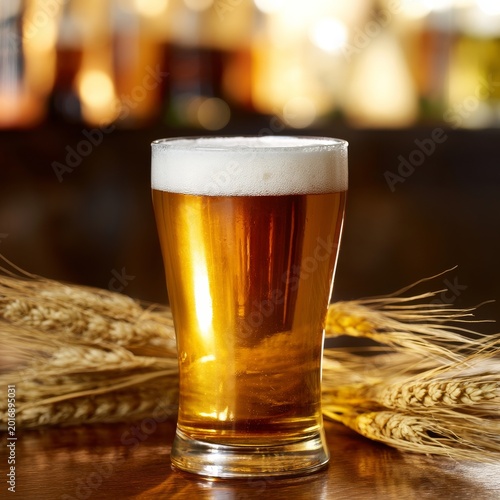 Craft Beer Glass With Foam Next to Wheat on Wooden Table in Bar Setting Durin...