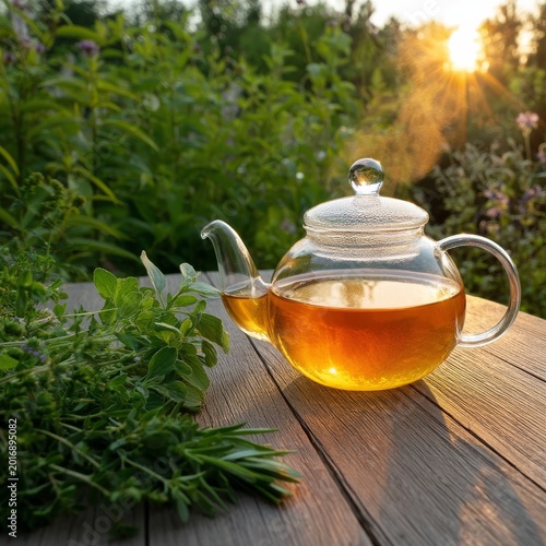 Glass Teapot With Herbal Tea on a Wooden Table at Sunset in a Garden