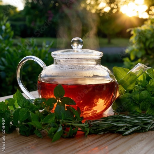 Herbal Tea Brewing in a Glass Teapot on a Wooden Table at Sunset