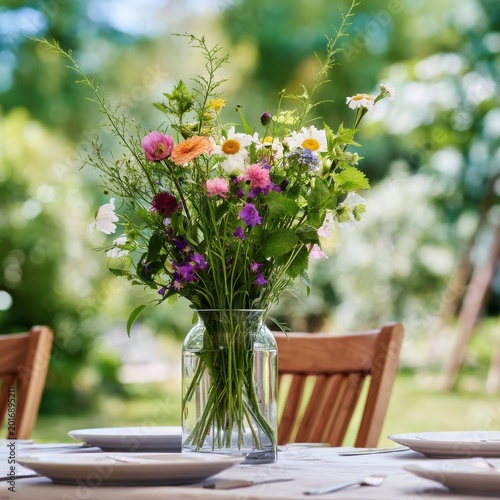 Flowers in a Vase on a Wooden Table With Bowls Set in a Garden During Afterno...