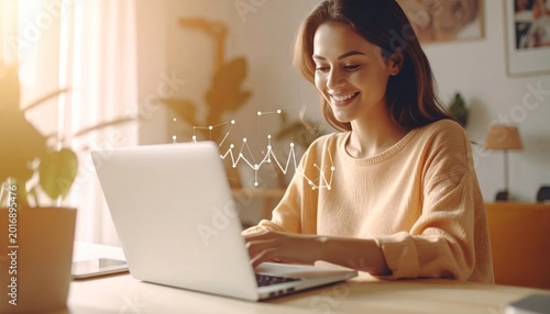Smiling Young Woman Working on Laptop with Digital Graph in Warm Home Office