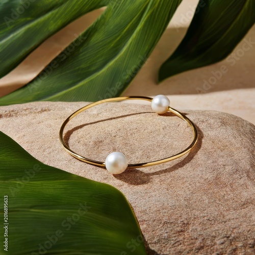 Elegant Gold Bracelet With Pearls on a Stone Surface Surrounded by Green Leav...