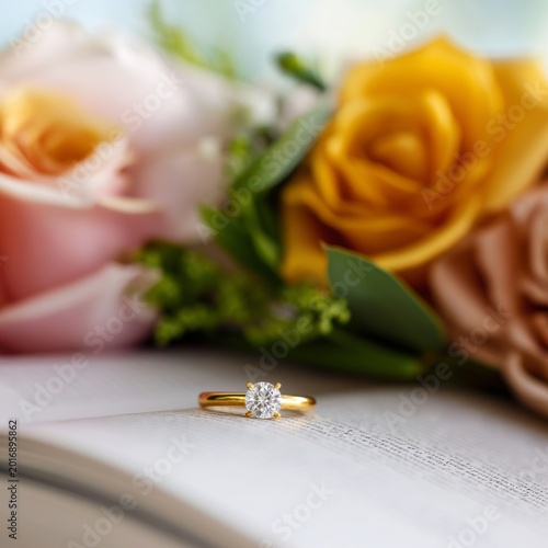 Beautiful Diamond Ring Resting on a Book With Flowers in the Background Durin...