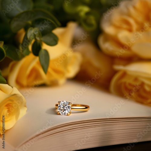 Beautiful Diamond Ring Resting on a Book With Flowers in the Background Durin...