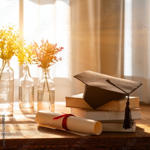 Graduation Cap and Diploma on Books in Sunlight With Flowers in Background Du...