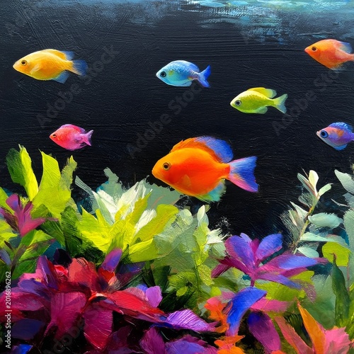 Colorful Fish Swim Among Plants in a Vibrant Aquarium Display Under Bright Li...