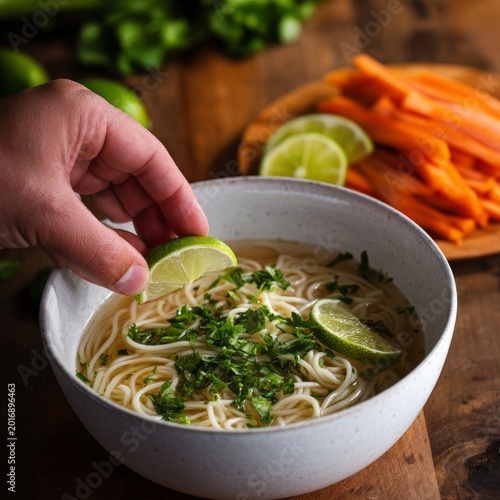 Lime Being Added to a Bowl of Noodle Soup With Carrots on a Wooden Table