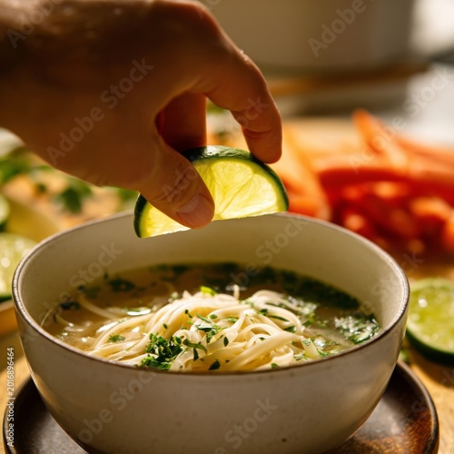 Lime Being Added to a Bowl of Noodle Soup With Carrots on a Wooden Table