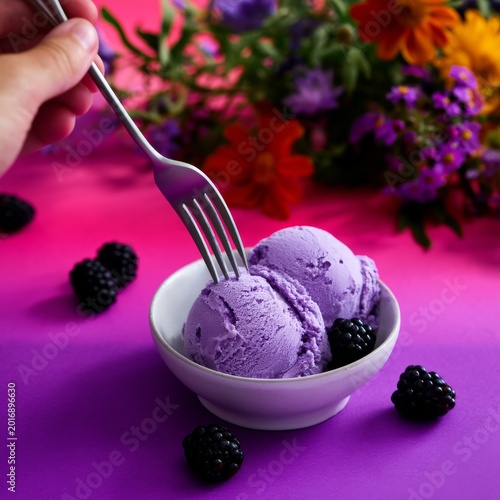 Scooping Purple Ice Cream in a Bowl With Blackberries and Flowers on a Purple...