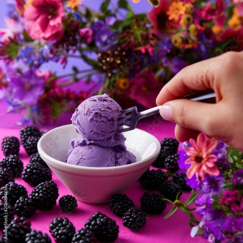 Enjoying Purple Ice Cream With Fresh Blackberries and Flowers at a Vibrant Ta...