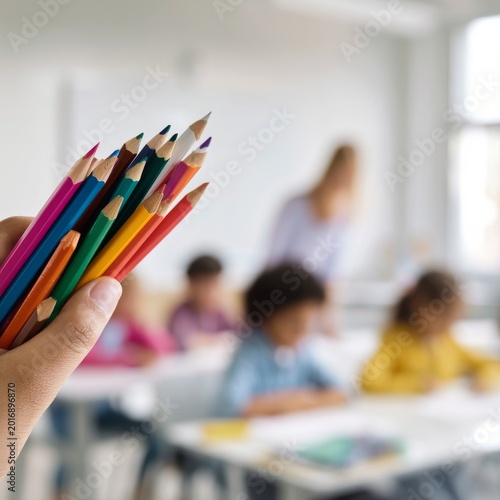 Colorful Pencils Held by a Student in a Classroom During Art Session With Kid...