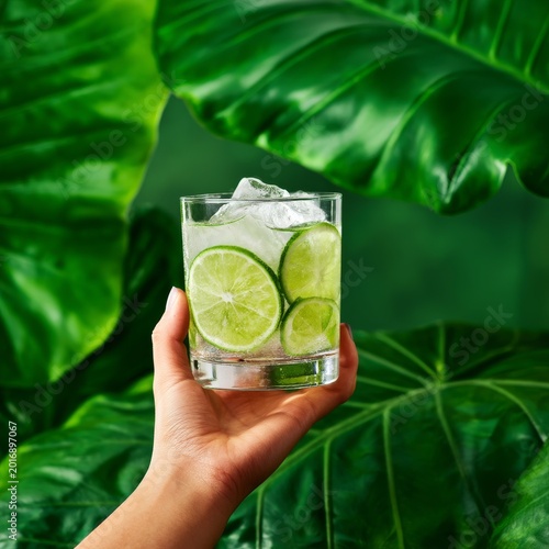 Fresh Lime Drink Served in a Glass With Ice Holds Above Large Green Leaves in...