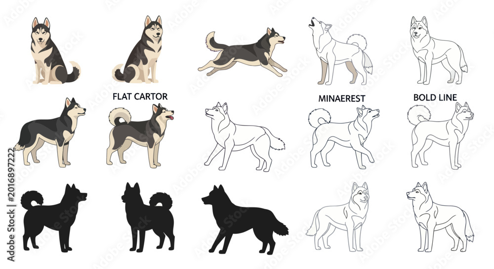 Obraz premium Husky Dog Breeds: Illustrations and Silhouettes in Various Poses