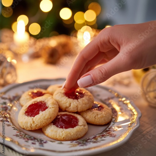 Delicious Cookies on a Plate With a Hand Reaching for One in a Cozy Setting a...
