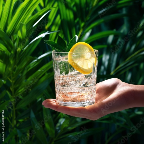Fresh Drink With Lemon Slice Held in Hand Near Green Plants in Bright Light S...