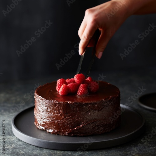 Creating a Chocolate Cake With Fresh Raspberries on Top During a Kitchen Session