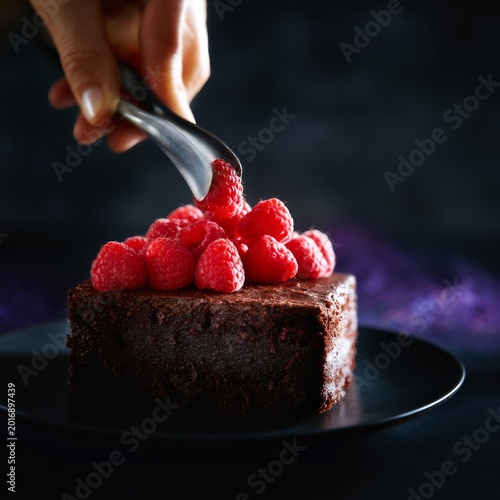 Hand Placing Raspberries on Chocolate Cake at a Dessert Shop in the Evening