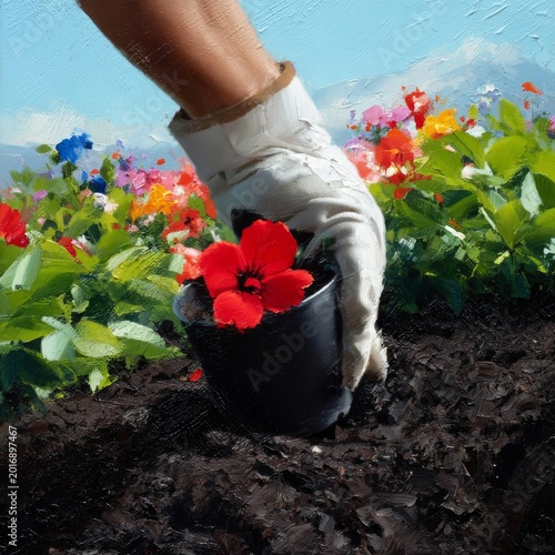Gardener Places Red Flower in Black Pot Among Colorful Blossoms in Garden Lan...