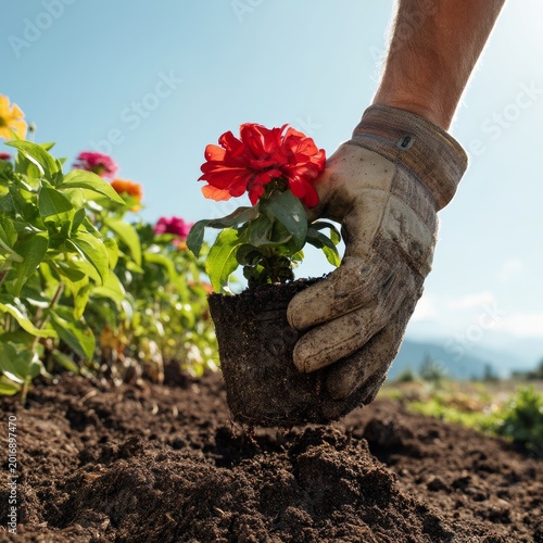 Gardener Places Red Flower in Black Pot Among Colorful Blossoms in Garden Lan...