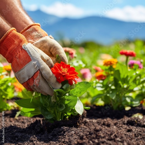 Gardener Planting a Red Flower in a Sunny Garden Surrounded by Colorful Bloom...