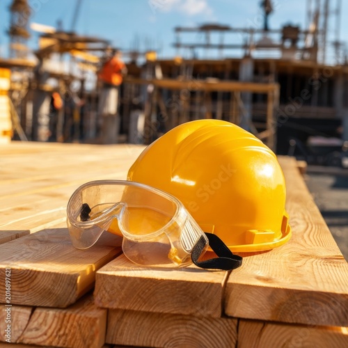 Workers Prepare Site With Safety Gear on Wooden Planks During Sunset Near Con...