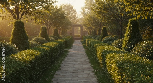 Symmetrical stone path through a manicured formal garden leading to a stone archway at sunrise