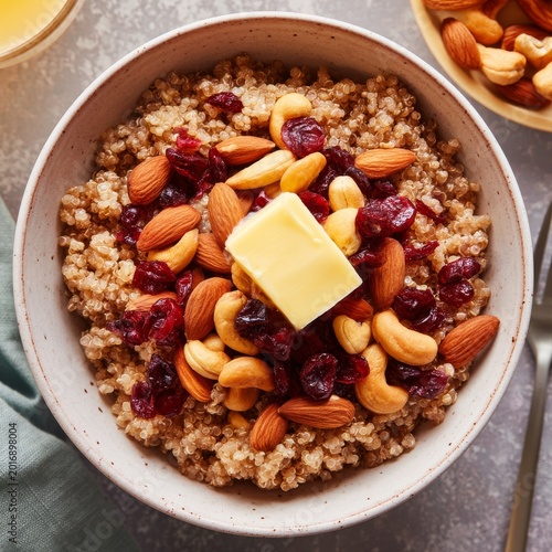 Breakfast Bowl With Quinoa, Nuts, and Berries Served on a Gray Surface in Mor...