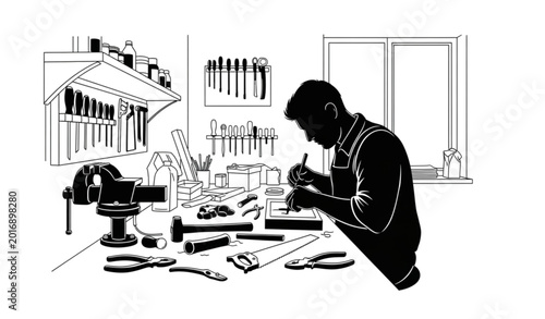 Foto Modern craftsman silhouette collection with artisan working at desk vector illus