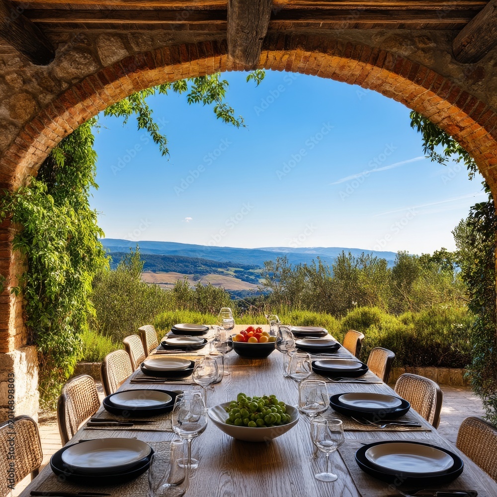 Obraz premium Dining Table Set on a Terrace Overlooking Hills at Noon