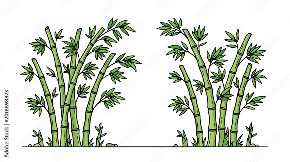 Obraz premium Illustration of green bamboo stalks with leaves on a white background, with a simple line drawing style and a natural mood.