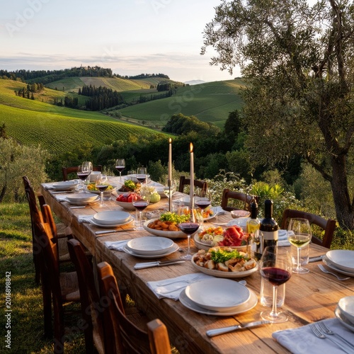 Outdoor Dinner Gathering in a Scenic Landscape During Sunset With Food and Dr...