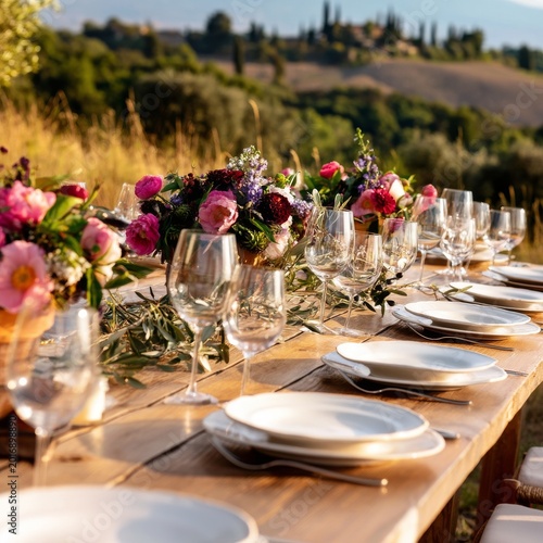Outdoor Dinner Gathering in a Scenic Landscape During Sunset With Food and Dr...