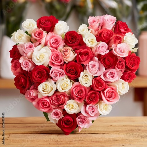 Roses Arranged in a Heart Shape on a Pink Background for a Celebration or Gif...