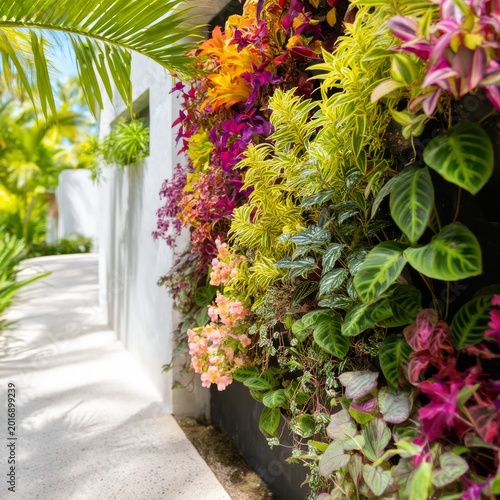 Colorful Flowers Grow on Wall in a Tropical Garden During Daytime