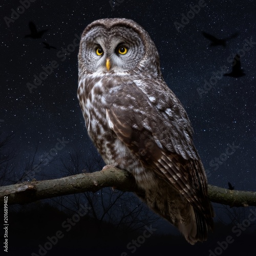 Owl Perched on a Branch at Night Under the Stars in a Dark Forest Setting