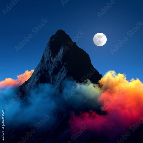 Mountain Stands Tall Under the Full Moon With Colorful Clouds Surrounding It ...
