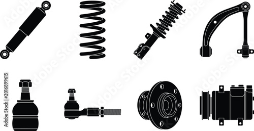 Bild auf Leinwand Automotive Suspension and Steering Parts Icon Set with Shock Absorber Coil Sprin