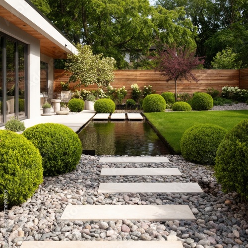 Modern Garden Design With Water Features and Stone Pathways in a Residential ...