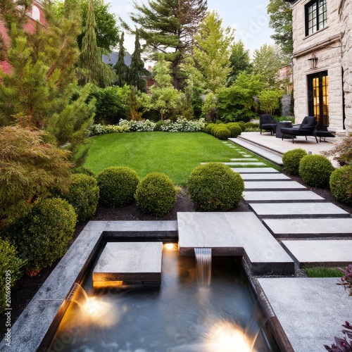 Modern Garden Design With Water Features and Stone Pathways in a Residential ...