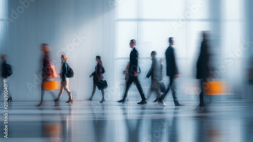 Business people walking in a modern office setting, creating a dynamic and professional atmosphere.