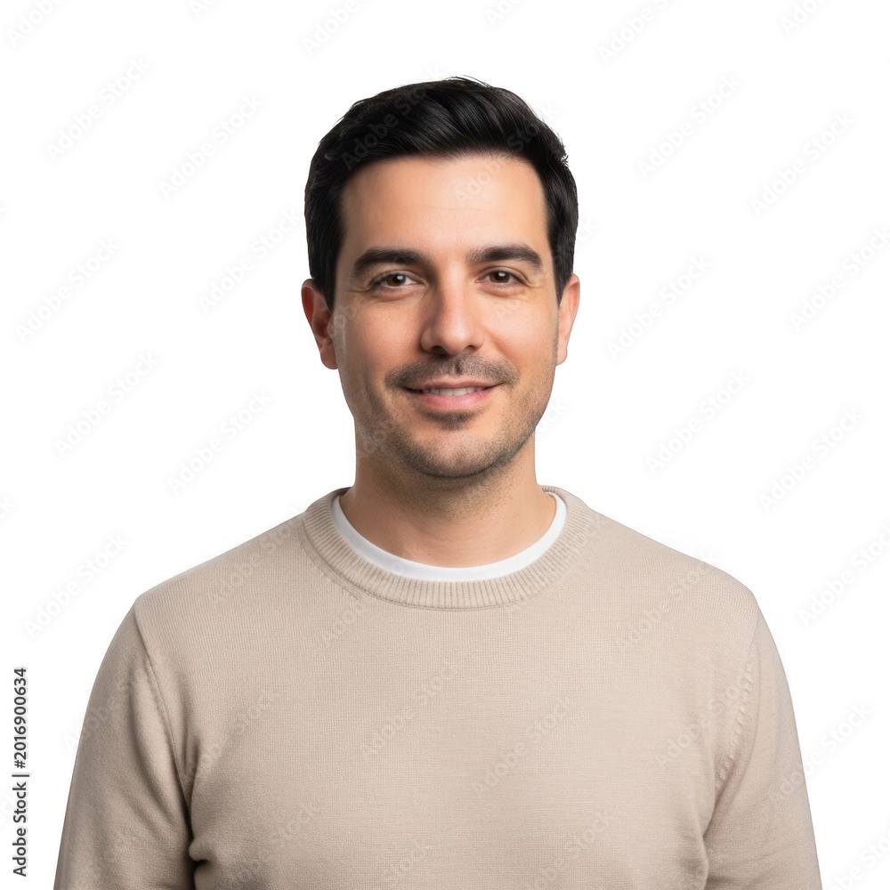 Fototapeta premium A man with short hair and a light-colored sweater standing against a white background