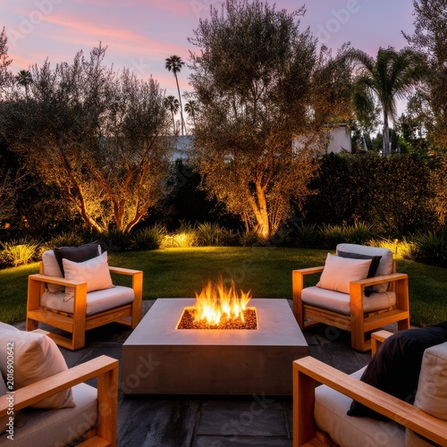 Fire Pit With Chairs in Backyard During Evening Time With Trees and Lights
