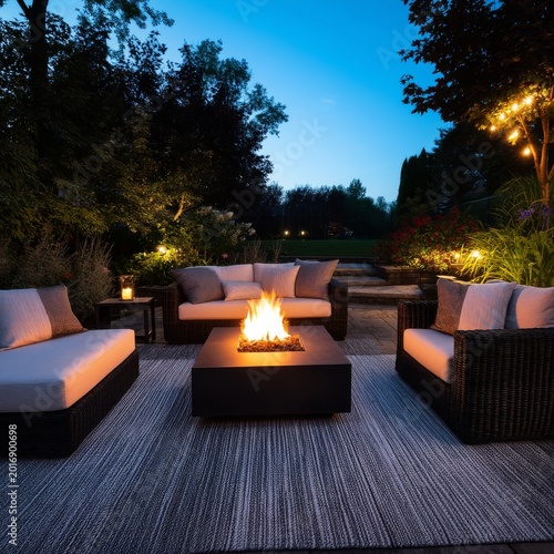 Cozy Fire Pit Area in a Backyard at Night With Comfortable Seating and Warm L...