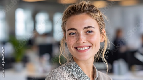 Smiling Caucasian woman in an office setting, exuding confidence and positivity.