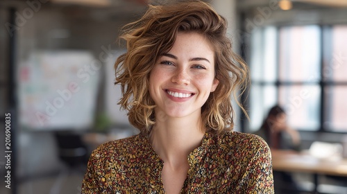 A smiling young Caucasian woman with curly hair, wearing a floral blouse, radiates confidence in a bright office setting.